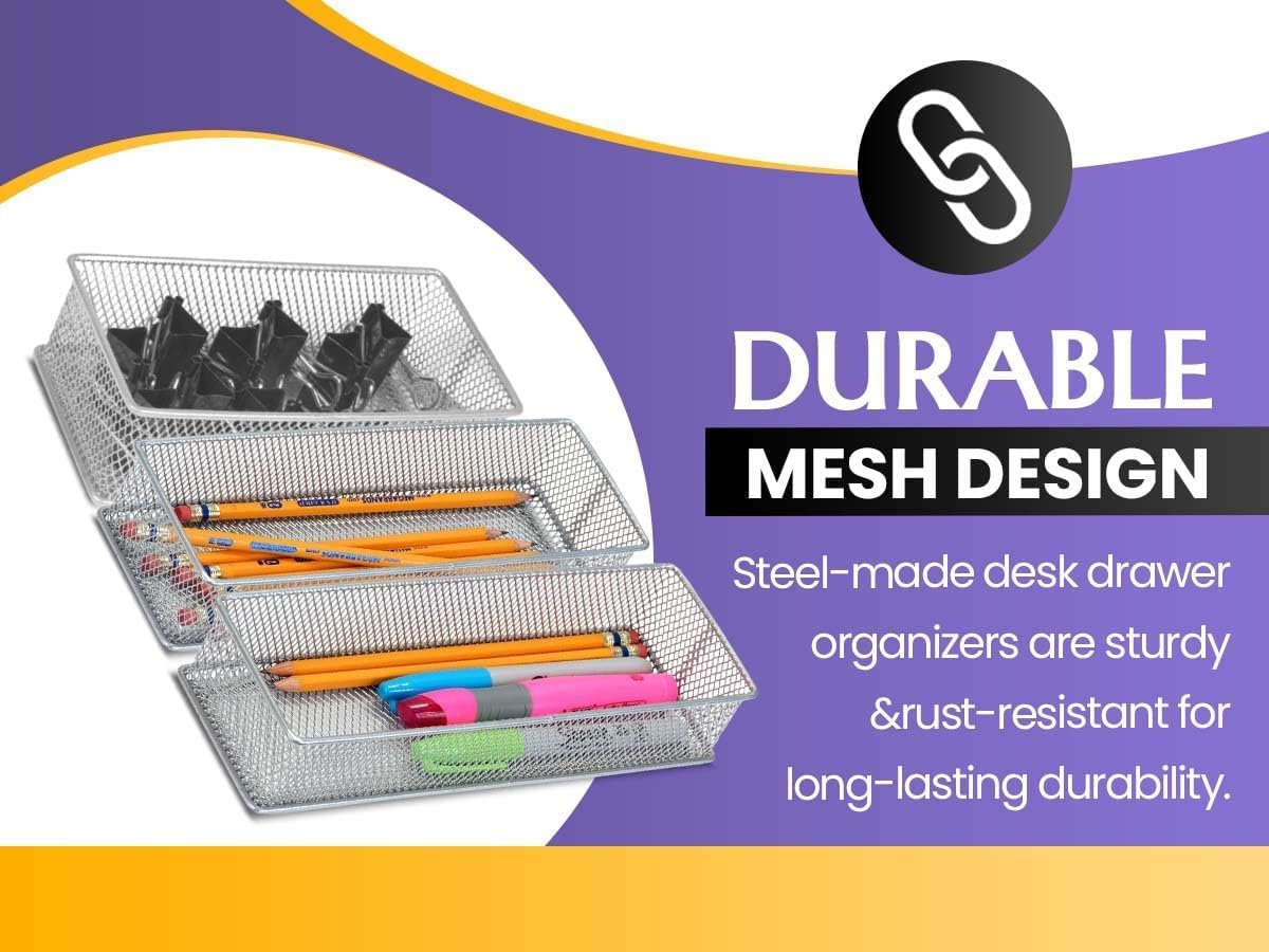 YBM HOME Silver Mesh Drawer Cabinet and or Shelf Organizer Bins, School Supply Holder Office