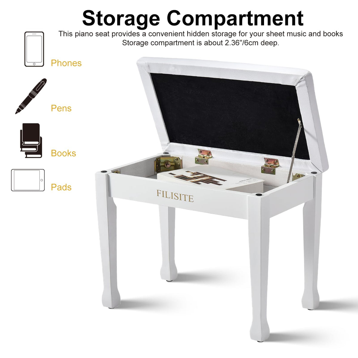 FILISITE Wooden Piano Bench with Storage, Piano Stool with Waterproof Padded Cushion, Bench Seat
