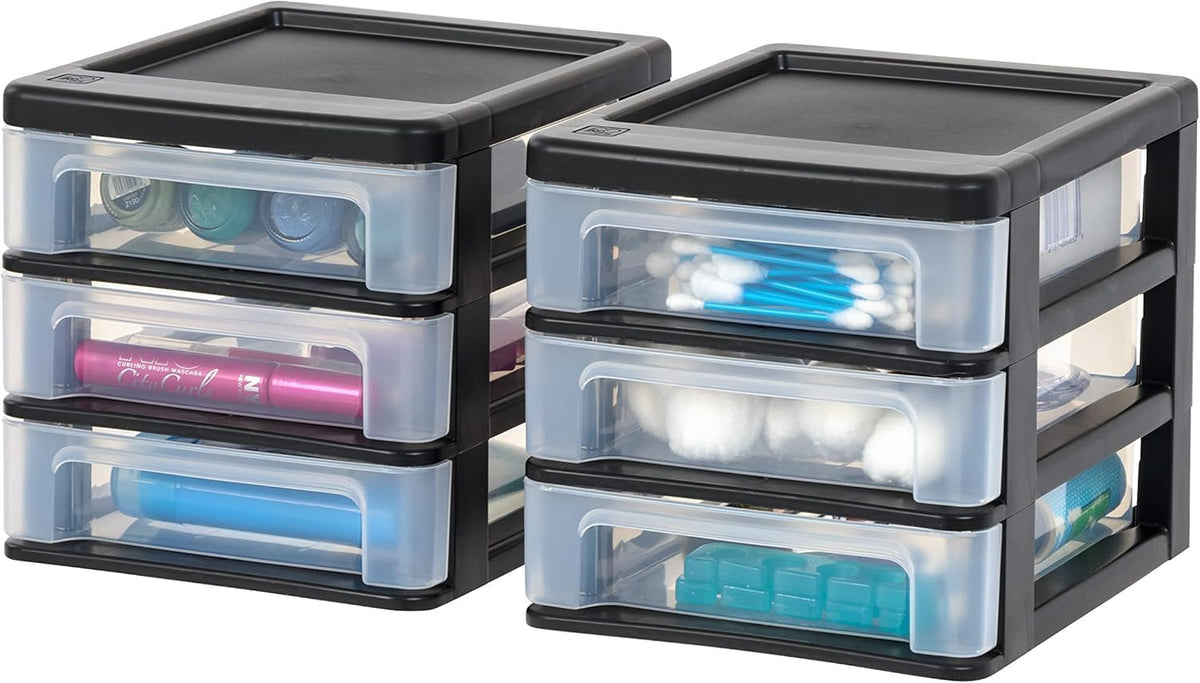 IRIS USA 2-Pack, 3-Drawer Small Plastic Stacking Desktop Organizer, Black