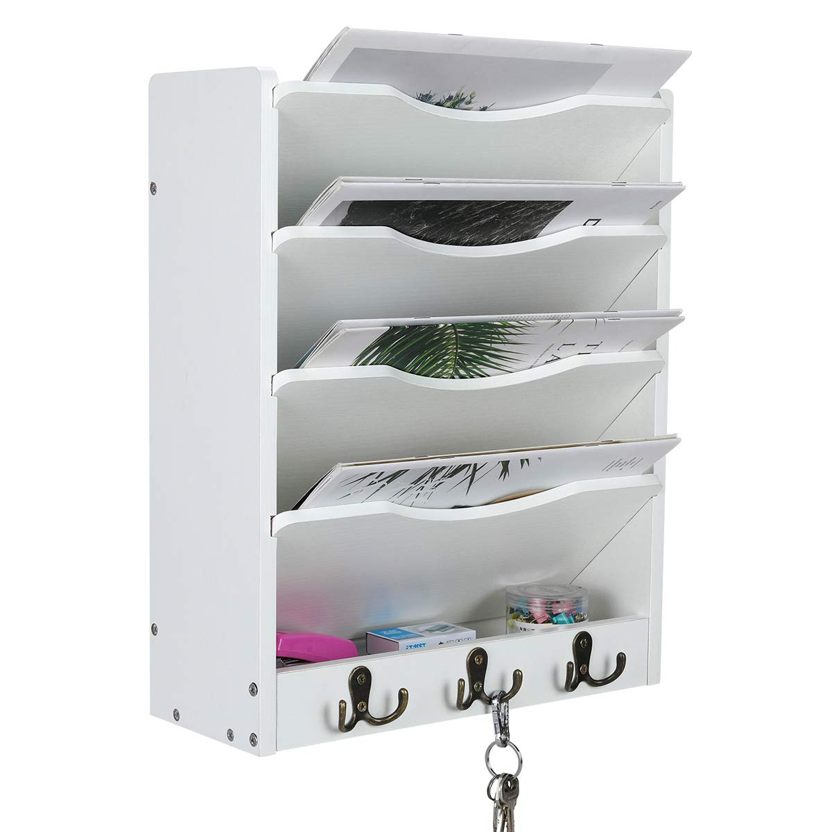 PAG-Mass 5-Tier Wall File Holder Hanging Mail Organizer Wood Magazine Literature Rack with 6 Hooks