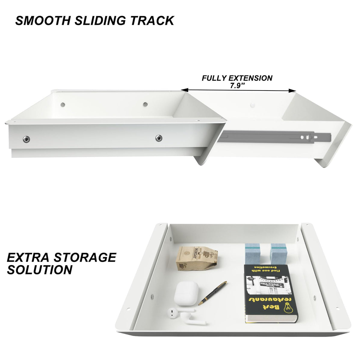 White Under Desk Drawer with Removable Tray, 15.4" Wide 2-in-1 Organizer – 60° Ergonomic Tilt