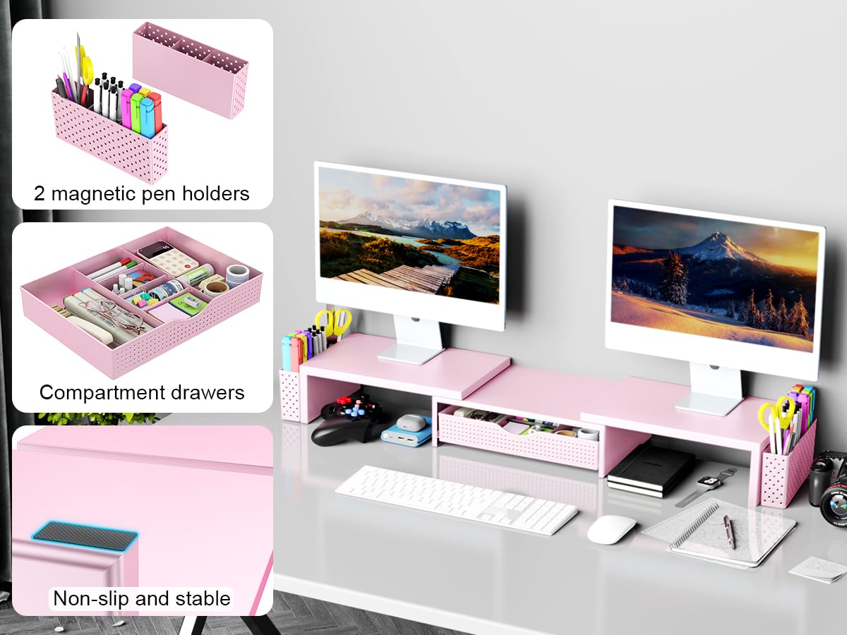 Spacrea Dual Monitor Stand Riser with Drawer and 2 Pen Holders