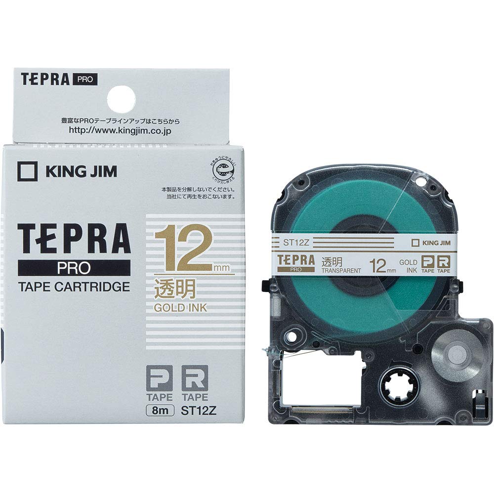 Kingjim ST12Z Tepra PRO Tape Cartridge, 0.5 inches (12 mm), Transparent Label/Gold Letter, Length