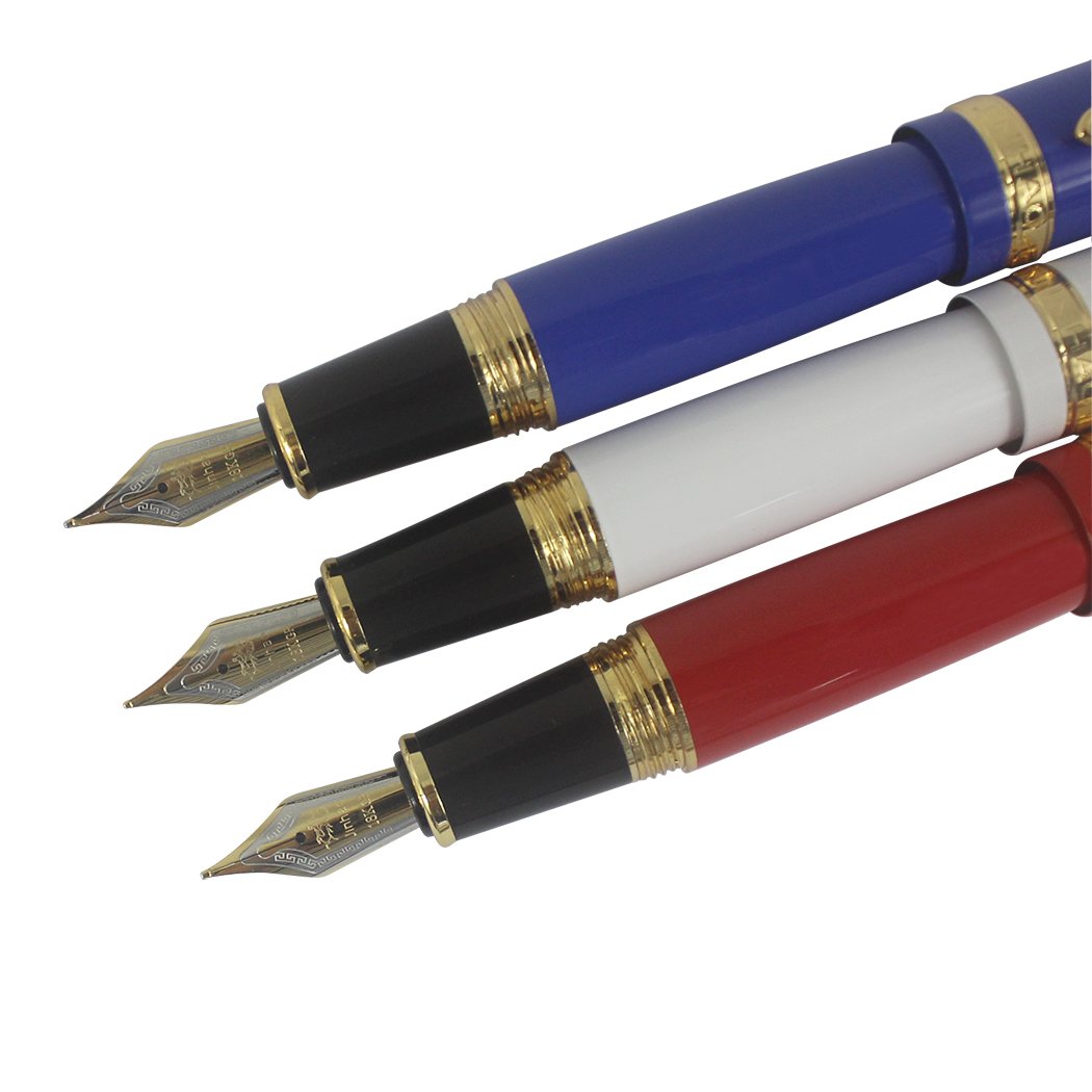 zoohot Jinhao 159 Fountain Pens Heavy Big Pen Gold Trim 3 Pieces in 3 Colors (Red, White, Blue)