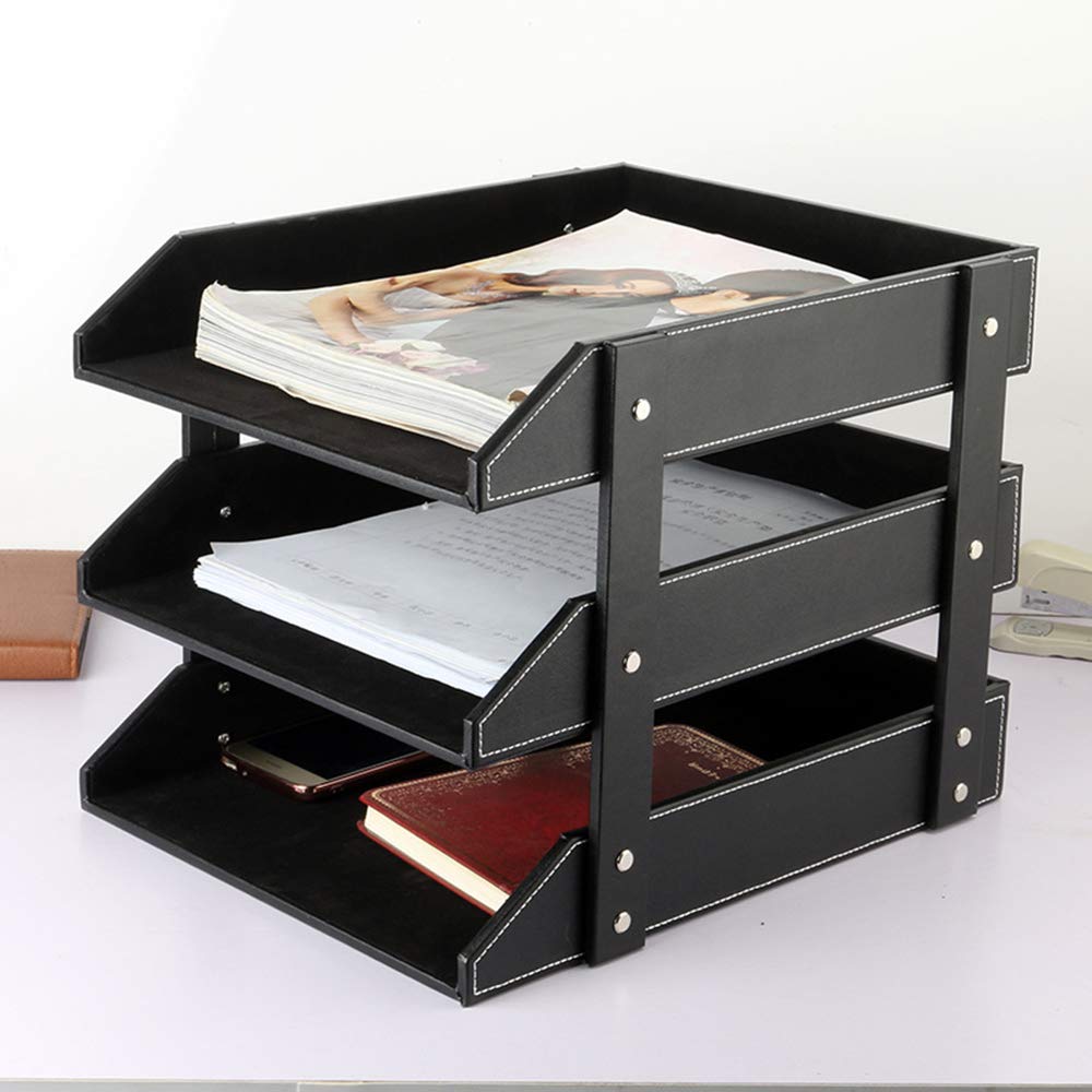 Leather Desk File Organizer, 3-Layer Stackable Tray, Used to Store documents, folders, Stationery