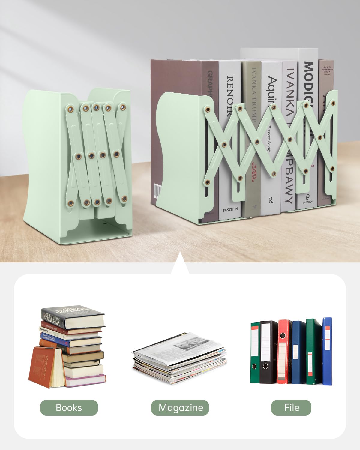 Honagu Adjustable Bookends, Metal Book Ends for Shelves Heavy Book, Desk Magazine File Organizer
