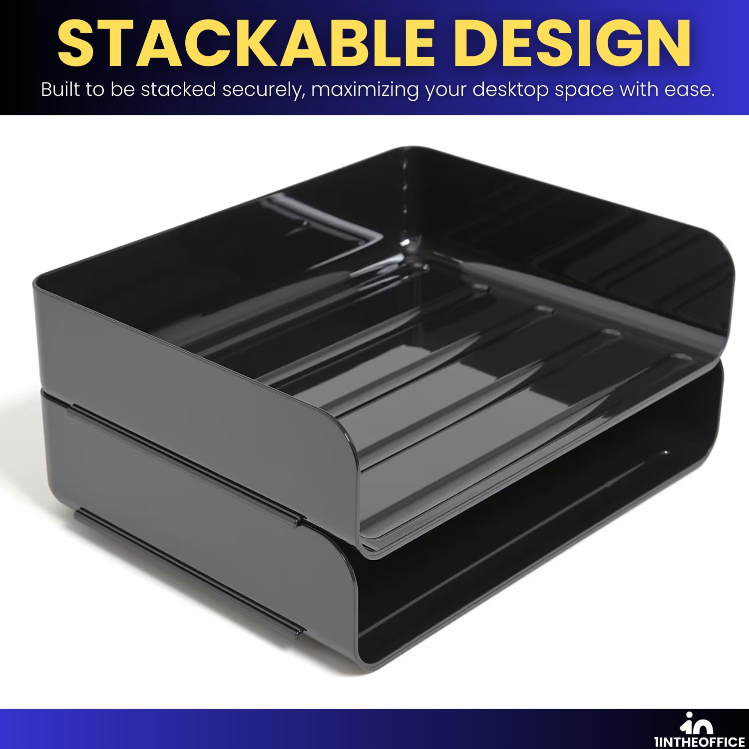 1InTheOffice 2-Tier Letter Tray Desk Organizer, Stackable, Side Load, Black, 2 Pack
