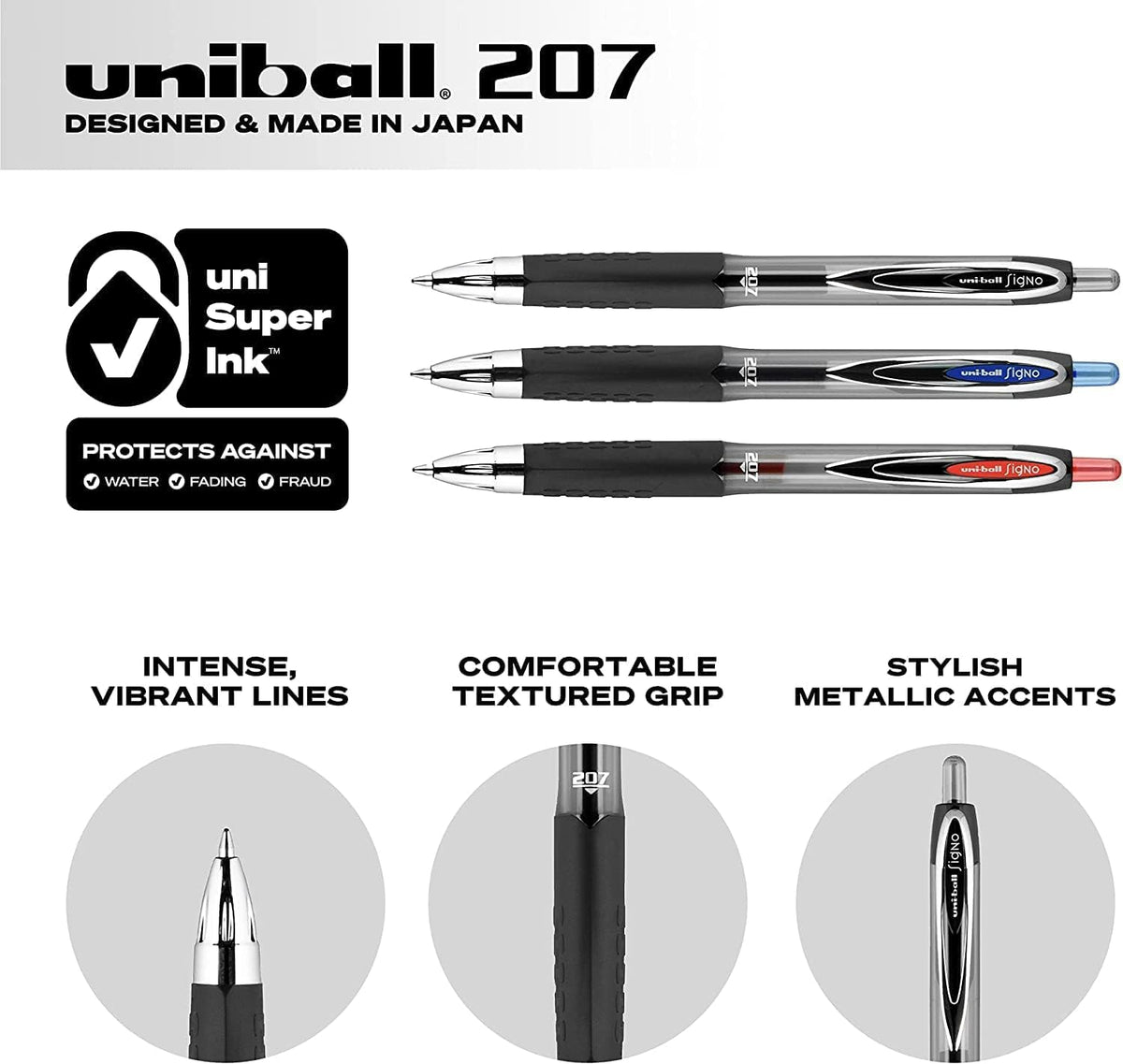 Uni-Ball Signo 207 Retractable Gel Pens, Bold Point, 1.0mm, Black & Blue Ink, 12 Pack (6 Black, 6
