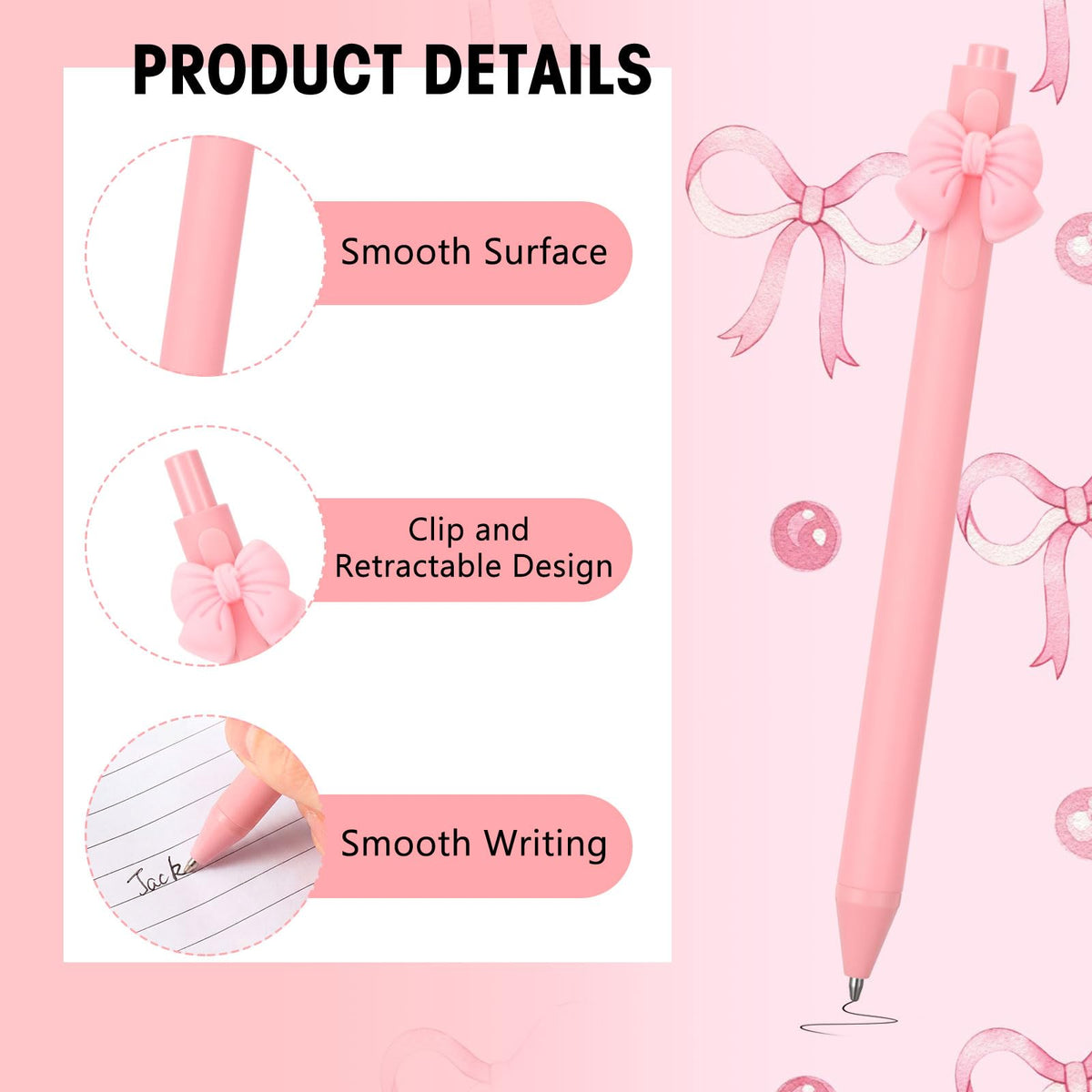 Fulmoon 50 Pcs Cute Pens Retractable 1.0mm, Light Pink Bow