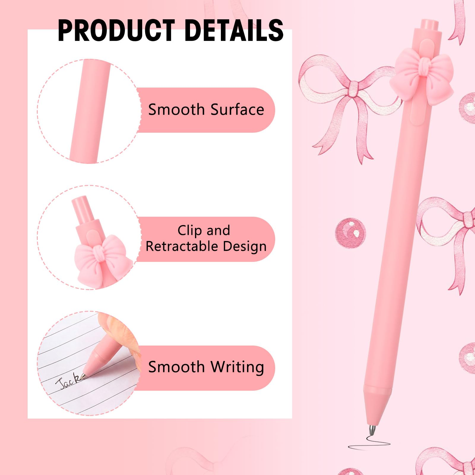 Fulmoon 50 Pcs Cute Pens Retractable 1.0mm, Light Pink Bow