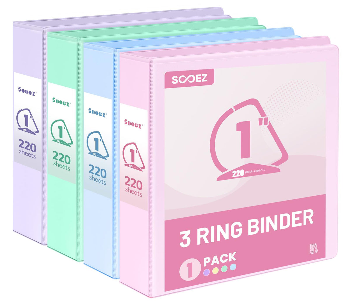 Sooez 4 Pack 3 Ring Binder 1 Inch, D-Ring Binder, Pastels, 8.5"x11"