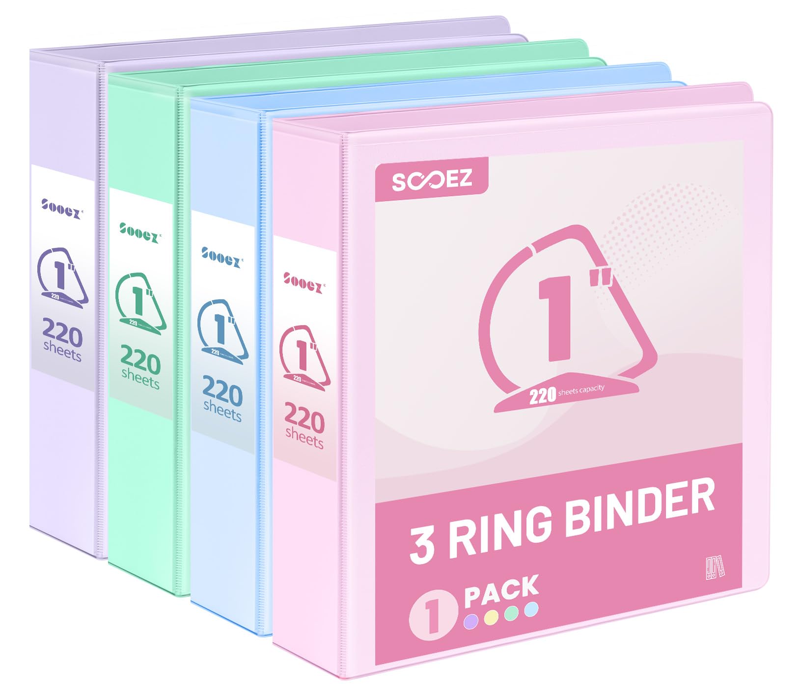 Sooez 4 Pack 3 Ring Binder 1 Inch, D-Ring Binder, Pastels, 8.5"x11"