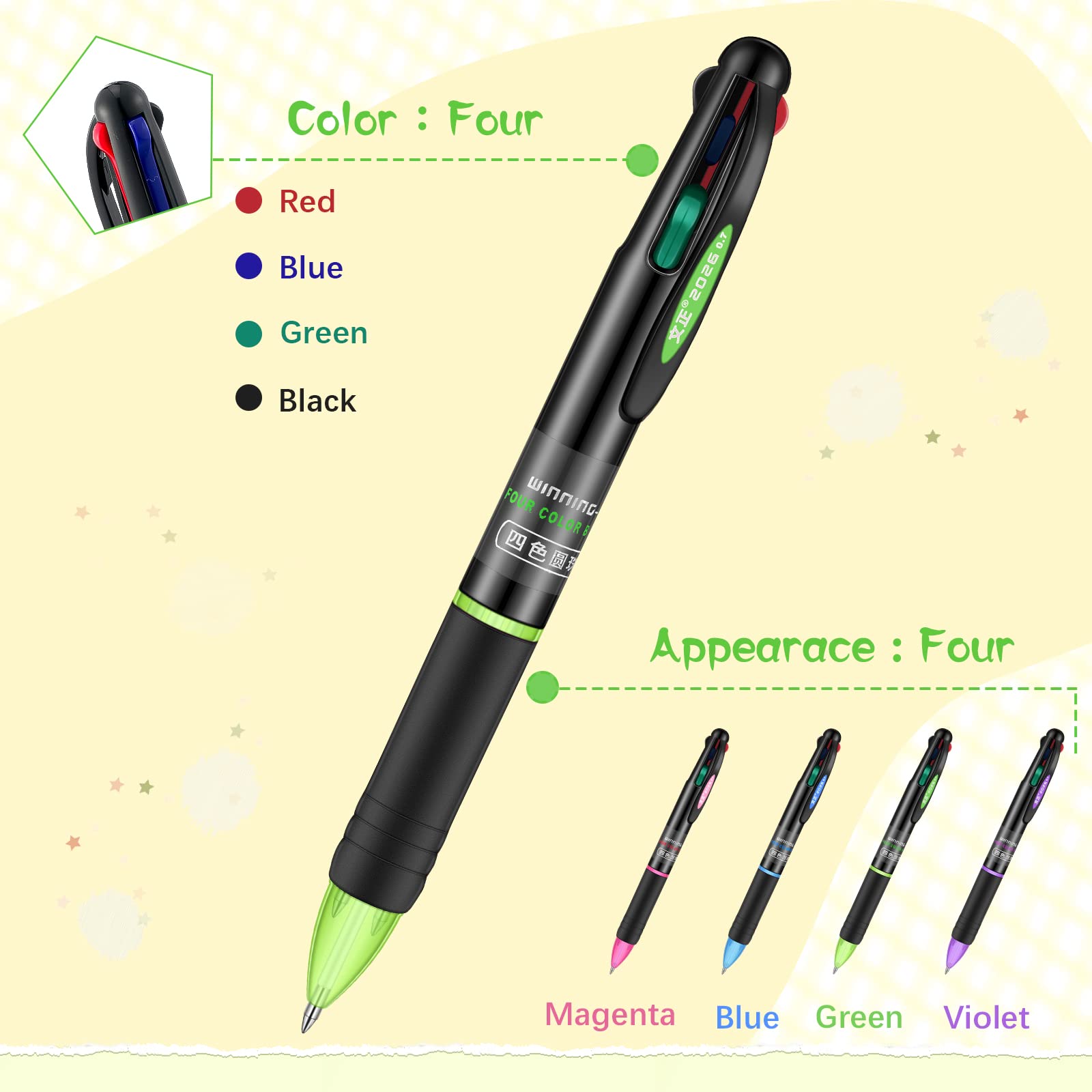 Geyee 48 Pack 4 Color Pens Retractable, 0.7 Mm Ballpoint Pen for Office