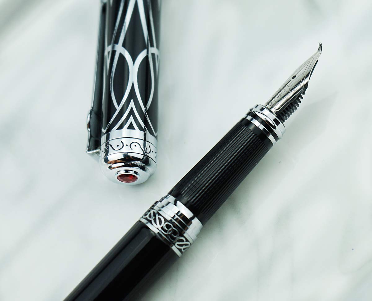 erofa Duke Ruby Black Fountain Pen Fude Nib with Original Gift Box, Iridium Bent Nib Writing Pen
