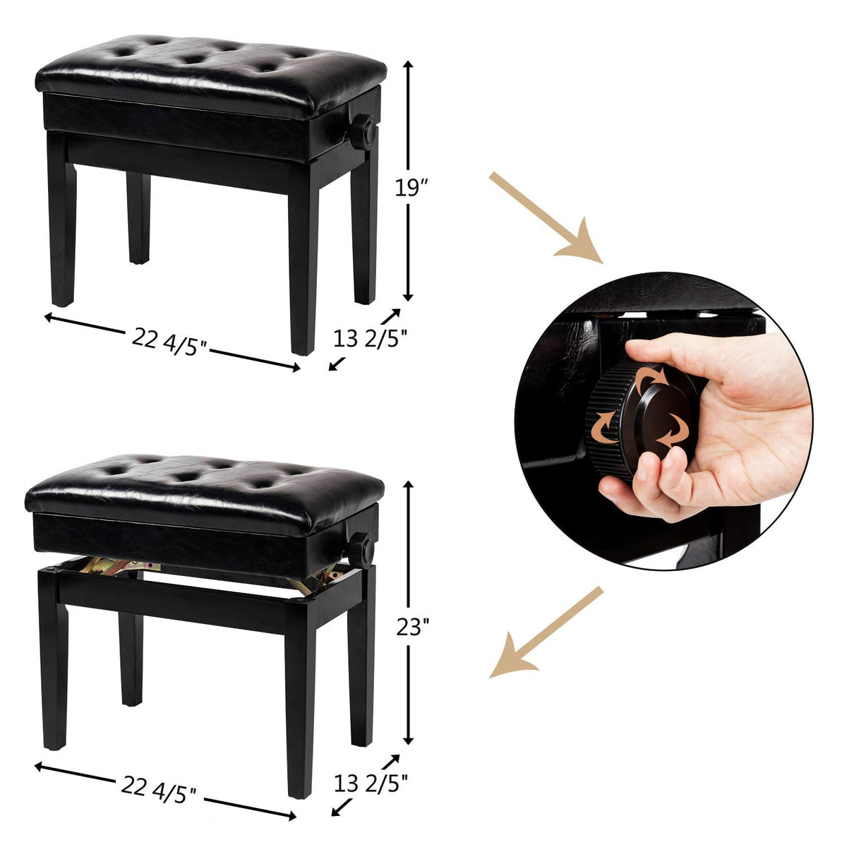 Bonnlo Piano Bench Adjustable with Storage Faux Leather Wooden Seat