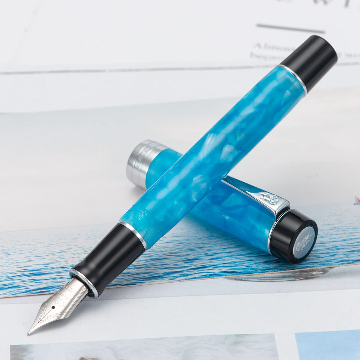 Jinhao 100 Classic Fountain Pen Sky Blue Celluloid, Extra Fine Nib with Converter and Pen Case Set