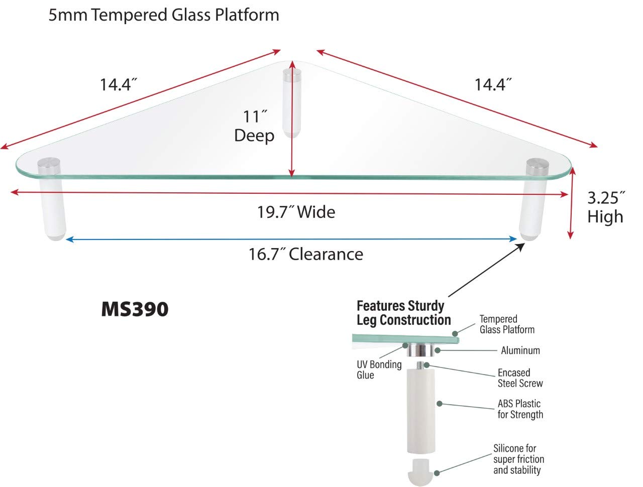 Kantek Glass Corner Monitor Riser, 19.7" x 11" x 3.25", Clear, Supports 40 lbs