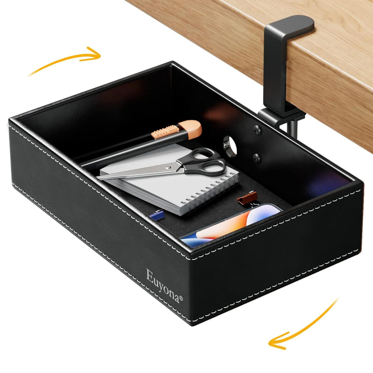 Under Desk Drawer, Clamp on Desk Organizer Hanging Desk Storage PU Leather