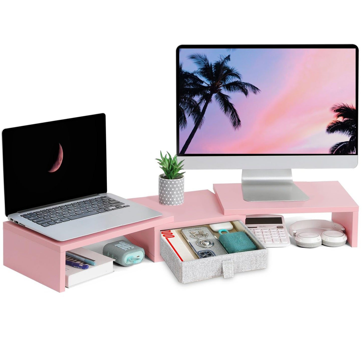 TEAMIX Pink Dual Monitor Stand Riser with Drawer - Length and Angle Adjustable Double Corner Desk