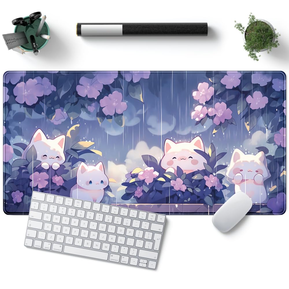 Kawaii Cat Desk Mat XXL Extended Purple Gaming Mouse Pad Large Mousepad