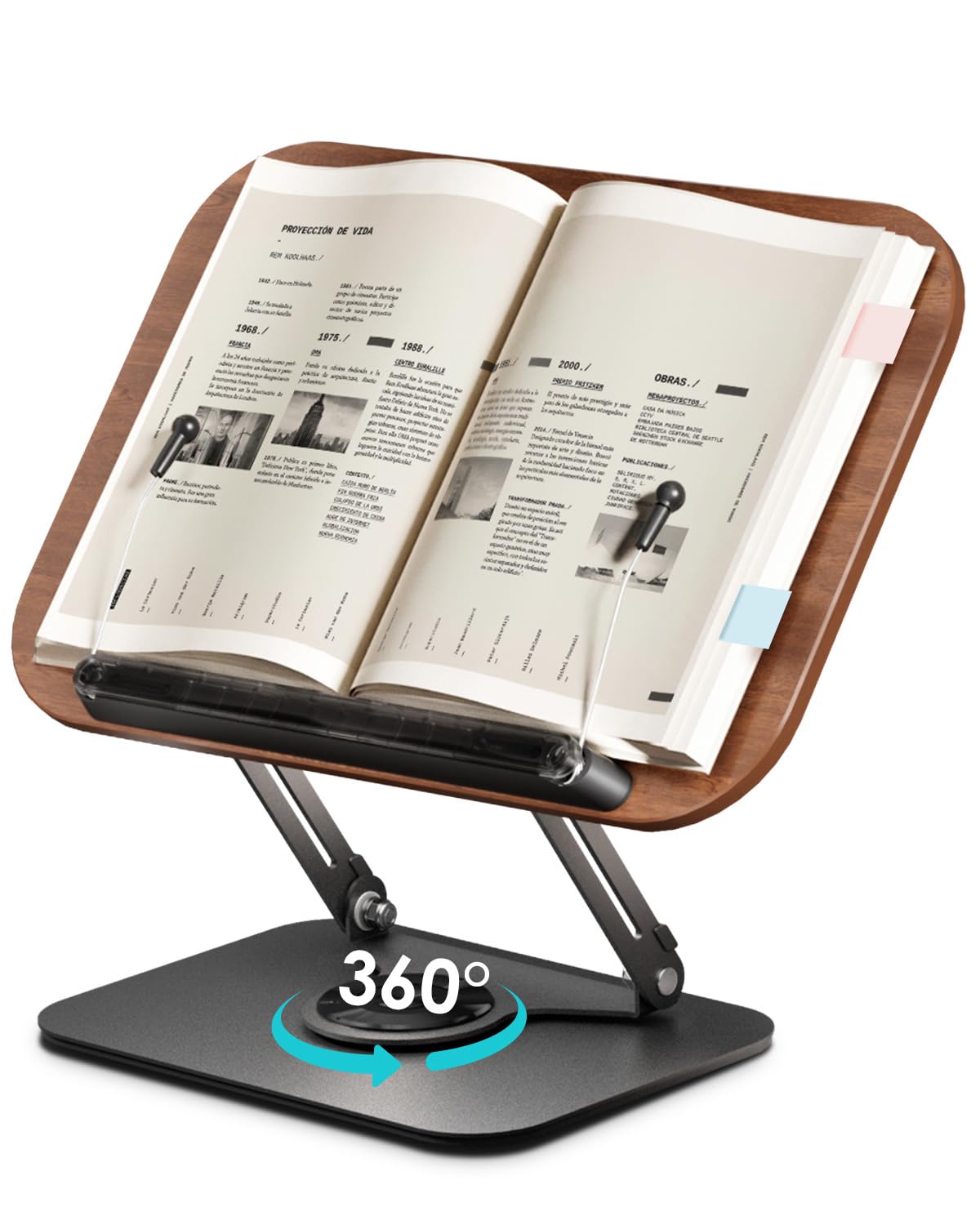 Viozon Book Stand for Reading,Book Holder, Height&Angle Adjustable, 360° Rotating Base, Foldable