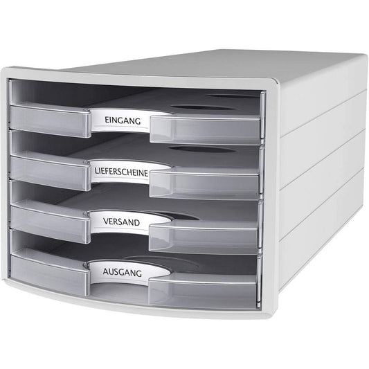 Han Impuls Drawer Box DIN A4/C4 4 Open Drawers Light Grey/Translucent Clear