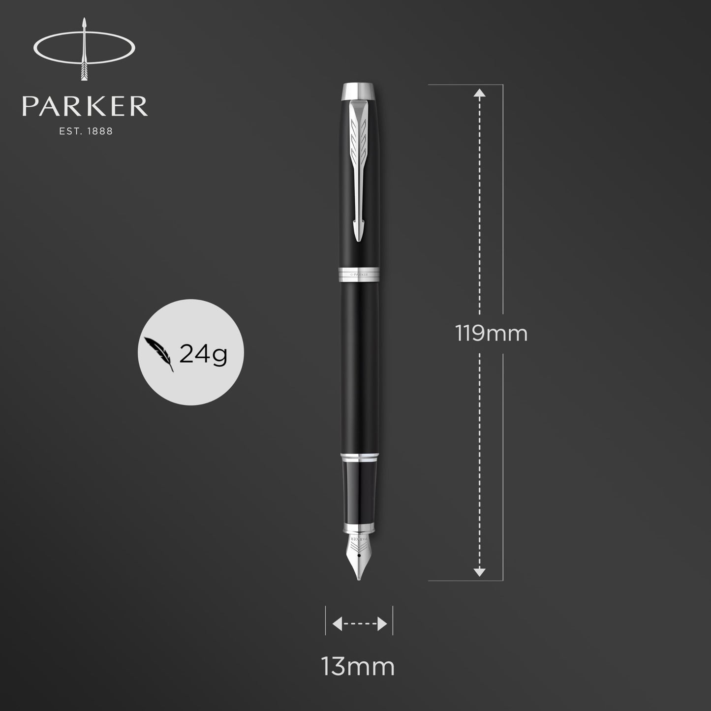 PARKER IM Fountain Pen | Matte Black with Chrome Trim | Fine Point with Blue Ink Cartridge | Gift