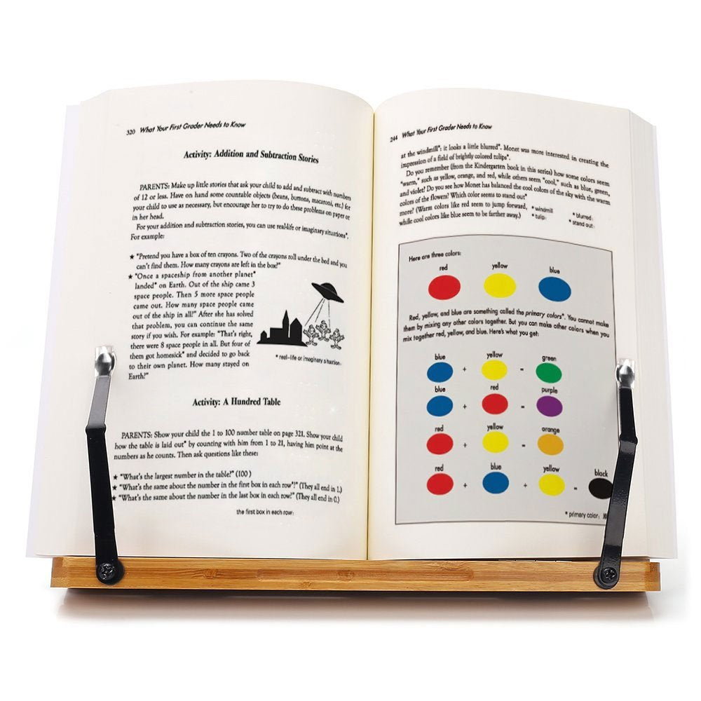wishacc Bamboo Book Stand, Adjustable Book Holder Tray and Page Paper Clips-Cookbook Reading Desk