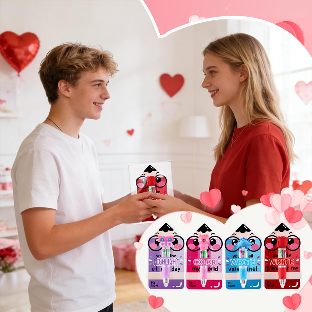 30 Pack Valentines Fun Pens with Cards Cute Multicolor 4-in-1 Gift Pens
