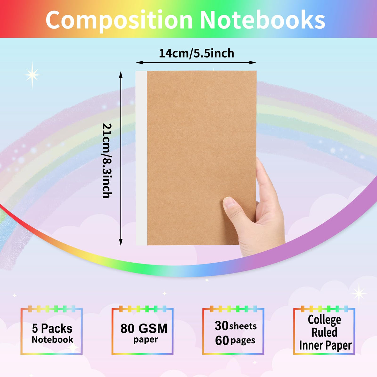 EOOUT 5 Pack A5 Composition Notebook, Kraft Lined Journal Bulk with Pink Spine, 5 Colors, 60 Pages