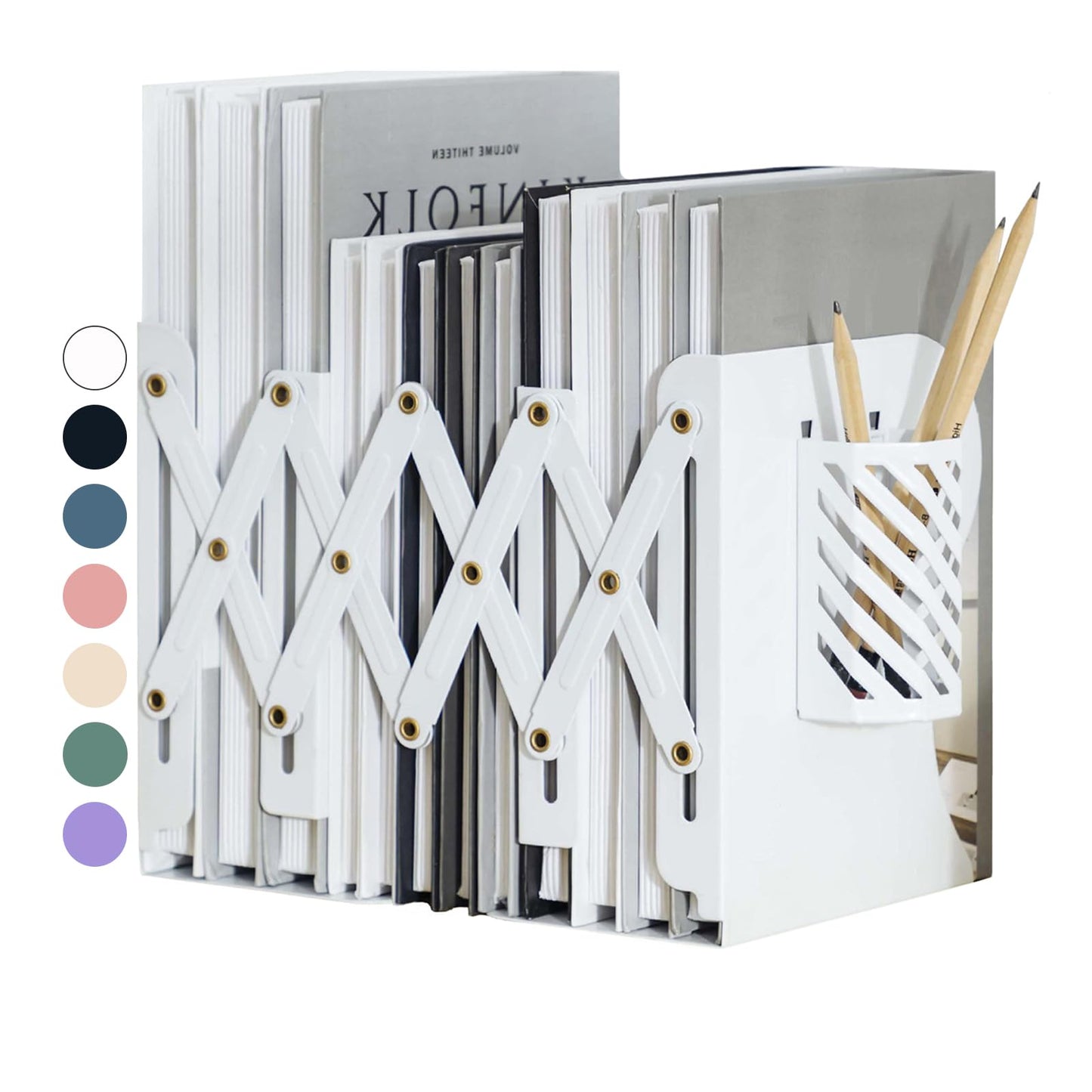 Kingsmile Book Ends, Adjustable Heavy Duty Metal Book Stoppers with Pen Holder for Desk Office
