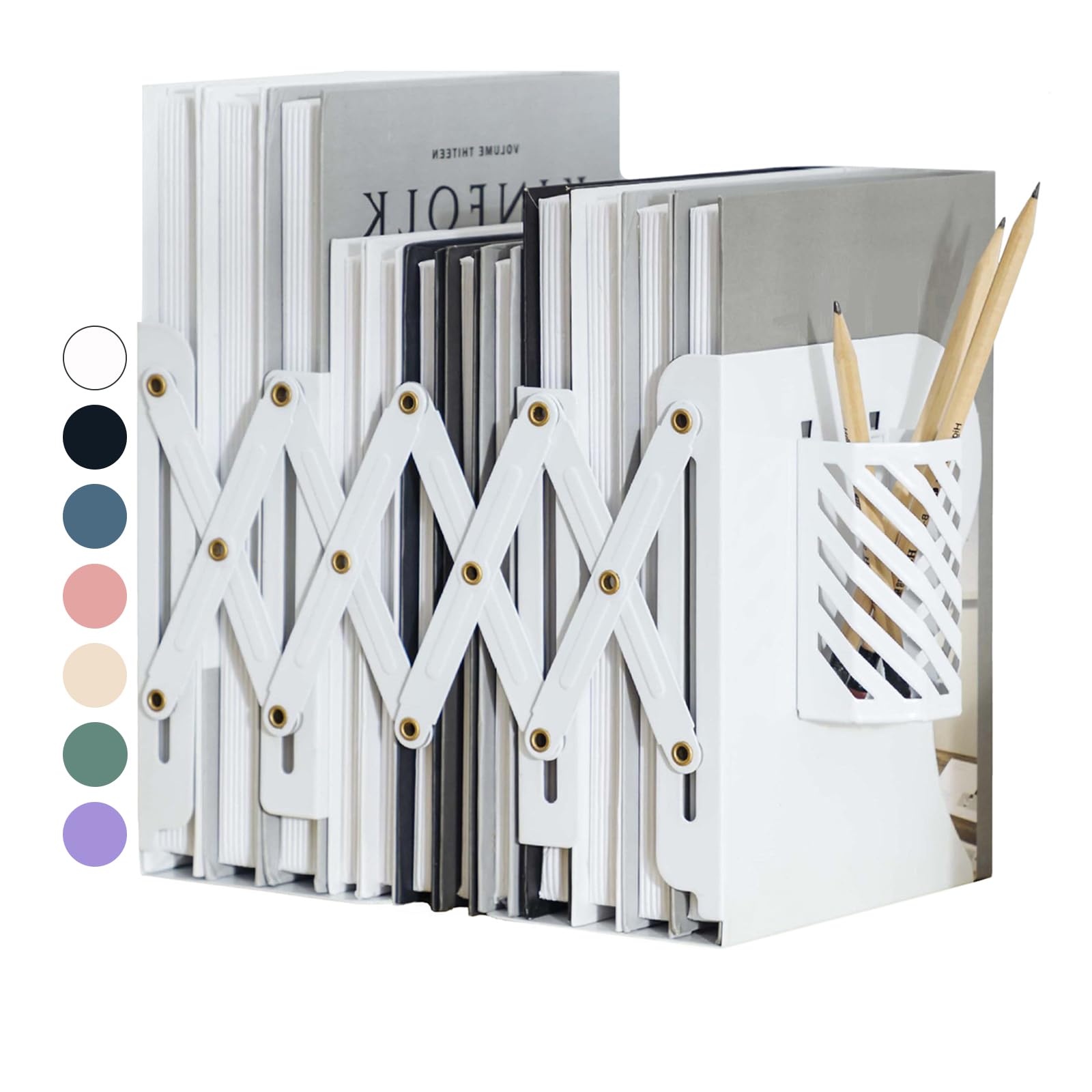 Kingsmile Book Ends, Adjustable Heavy Duty Metal Book Stoppers with Pen Holder for Desk Office