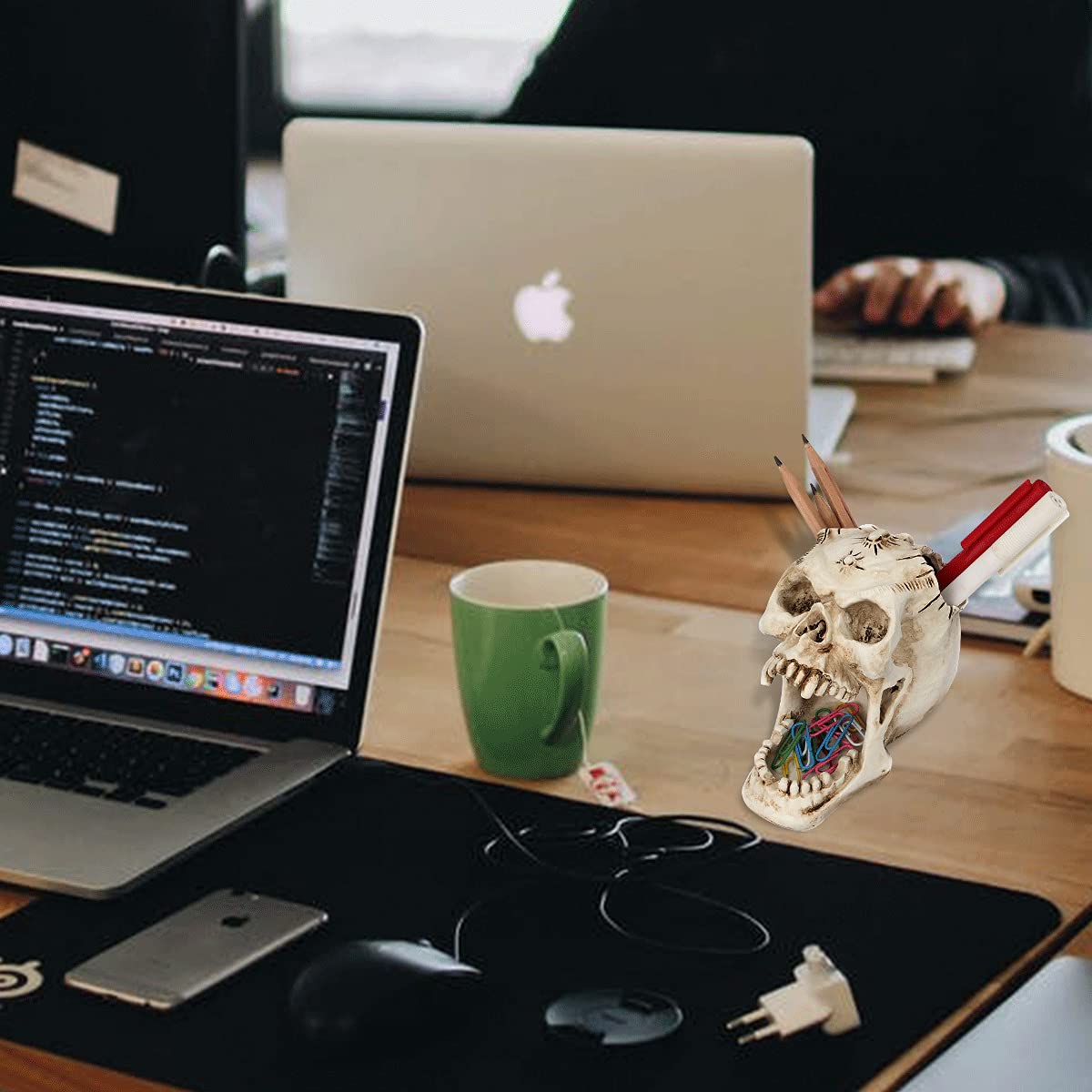 UnionKK 1 PCS Skull Pencil Holder Skeleton Pen Storage Organizer for Office Desk Skull Head Makeup