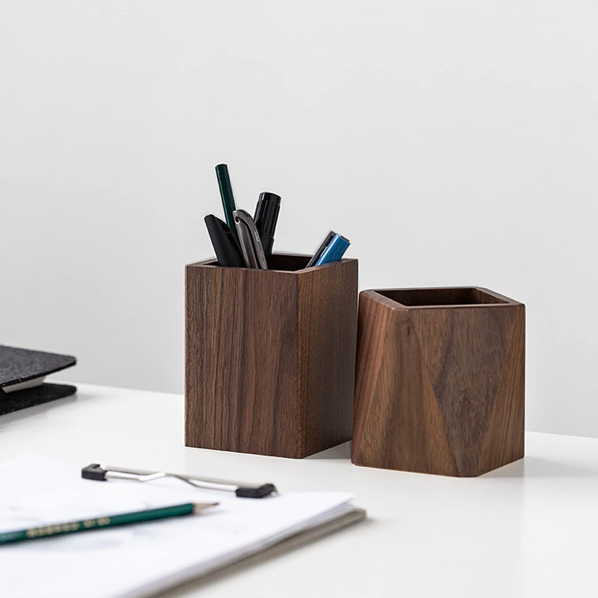 Soseelnee Black Walnut Wooden Pencil Box, Multiple-Use Desk Writing Stationary Organizer Wood Pen