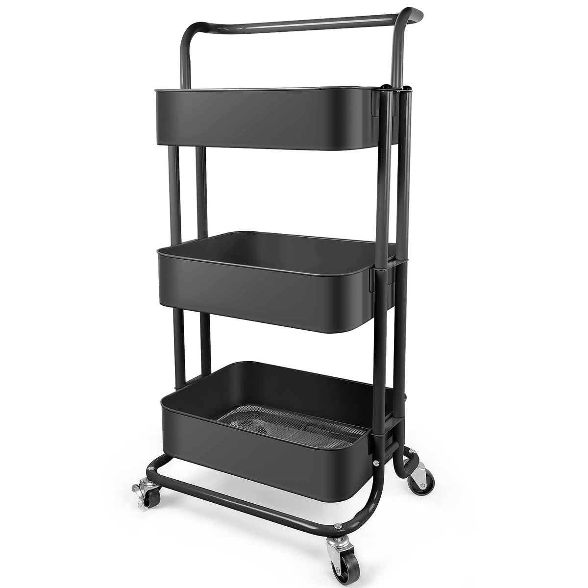 Homchwell 3 Tier Metal Utility Rolling Cart with Lockable Wheels, Multifunction Movable Storage