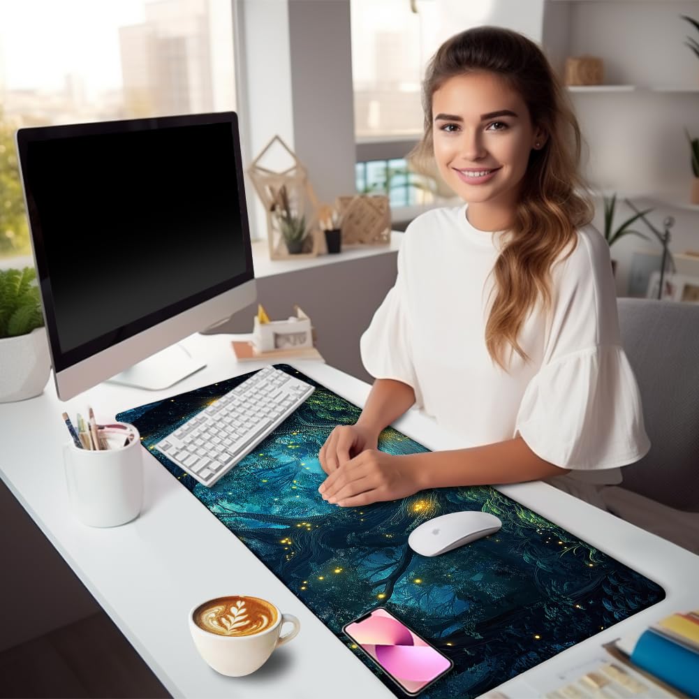 LIMKRIAN Firefly Forest Mouse Pad Large Desk Mat, Extra Large Gaming Computer Mousepad with
