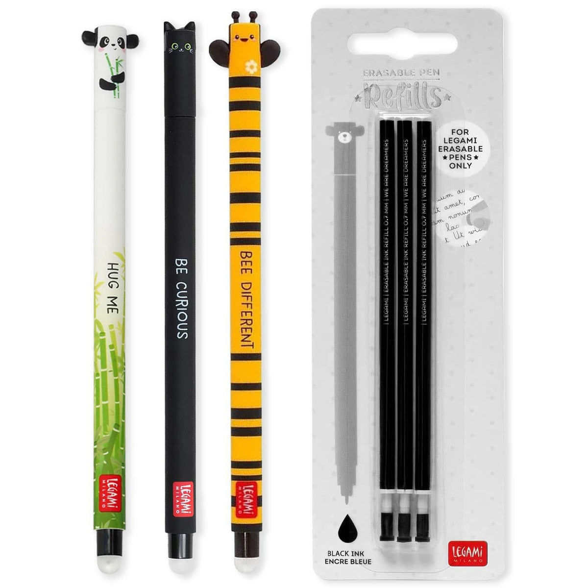 LEGAMI - Set of 3 Erasable Gel Pens + 3 Black Refills, with Thermosensitive Erase Ink, Range of ink