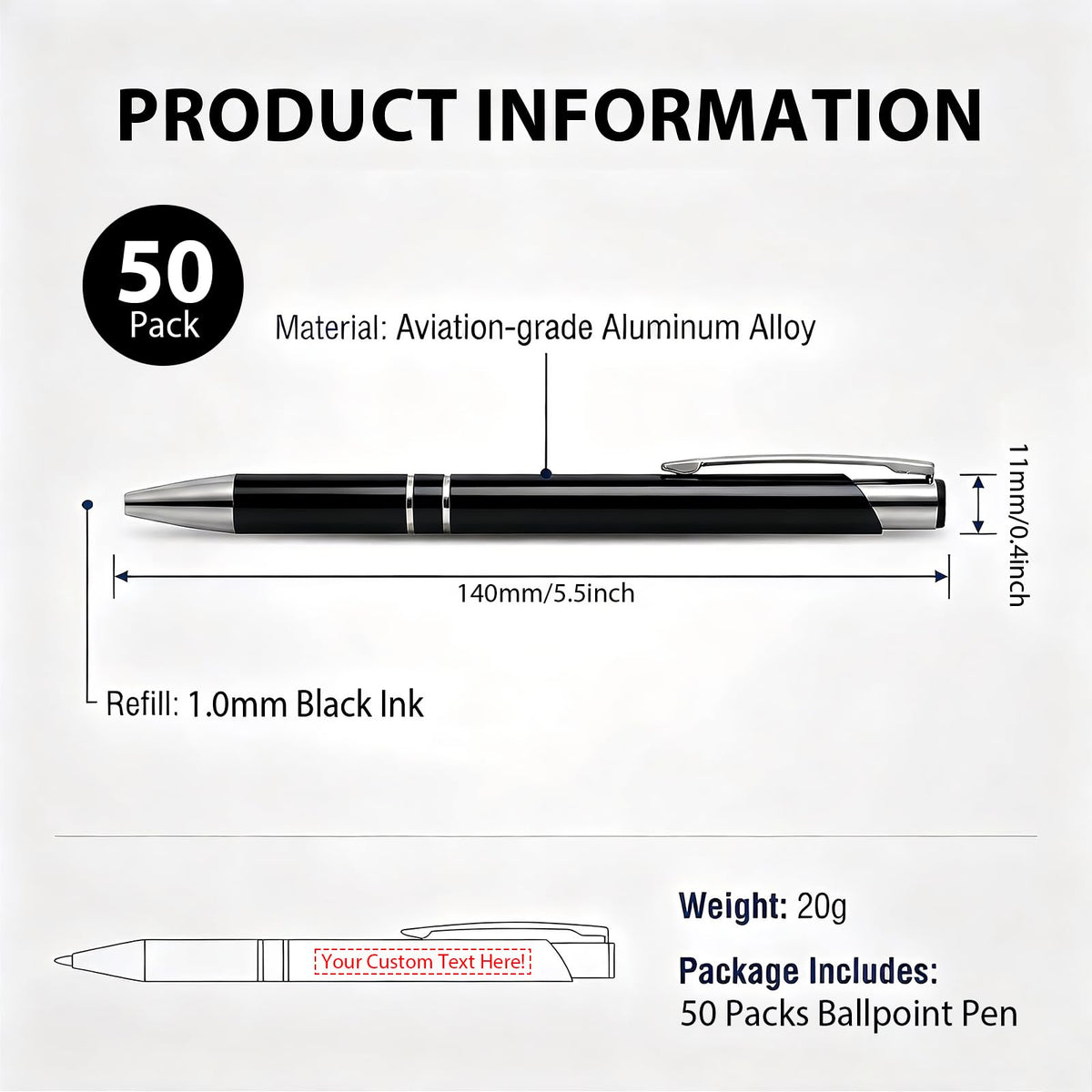 50 Pack Engraved Metal Ballpoint Pen, Custom Logo, Retractable Pen