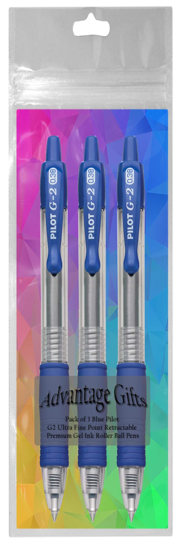 Advantage Gifts G2 Retractable Premium Gel Ink Roller Ball Pens Ultra Fine Point (.38mm) Blue Ink 3