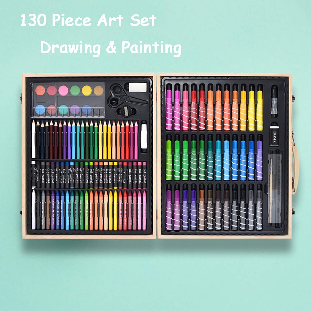 Darnassus 130-Piece Art Set, Deluxe Professional Color Set, with Compact Portable Wooden Case, Art