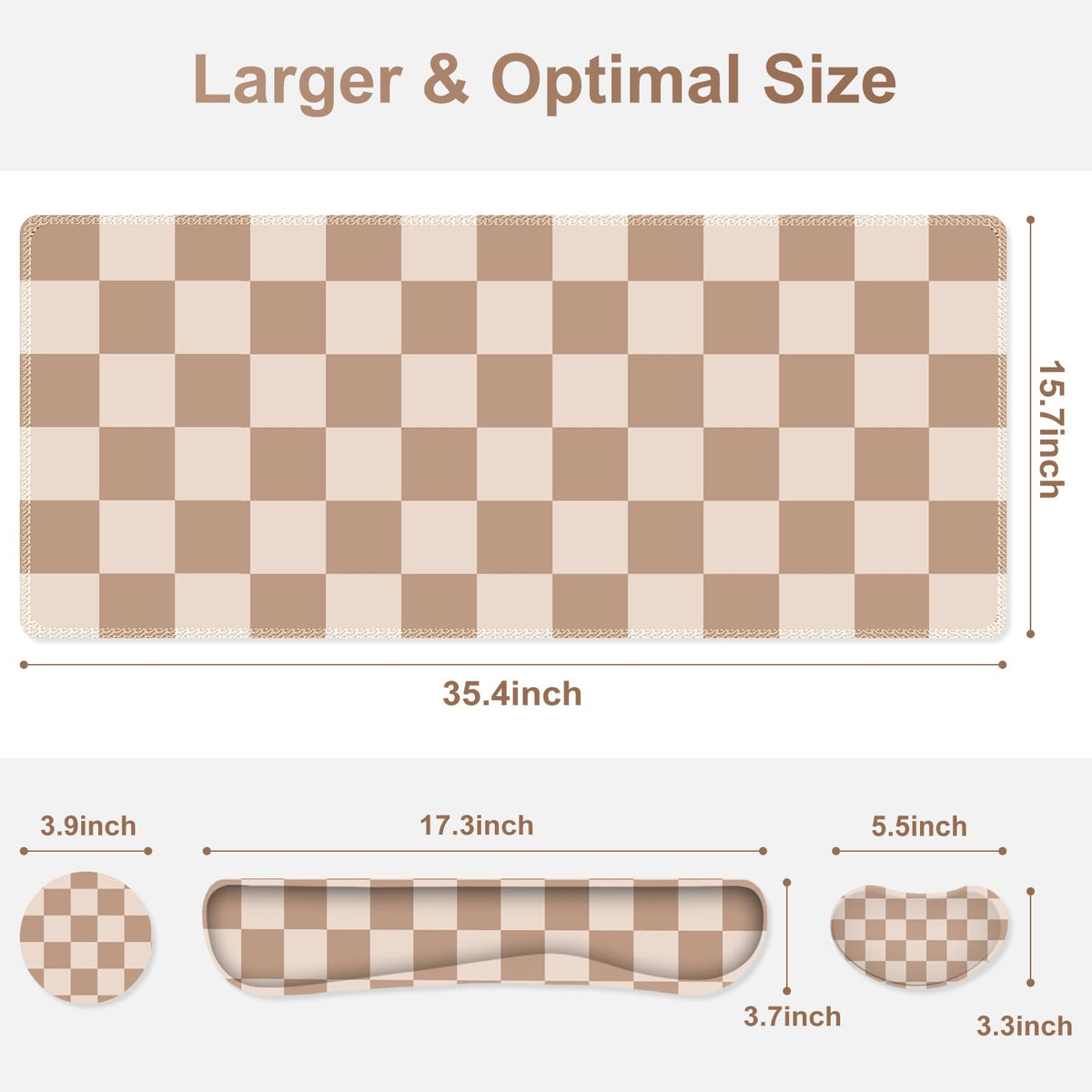 Beige Khaki Checkered Mouse Pad Set, 4 in1 Large Gaming Ergonomics Keyboard Desk Mat with Memory