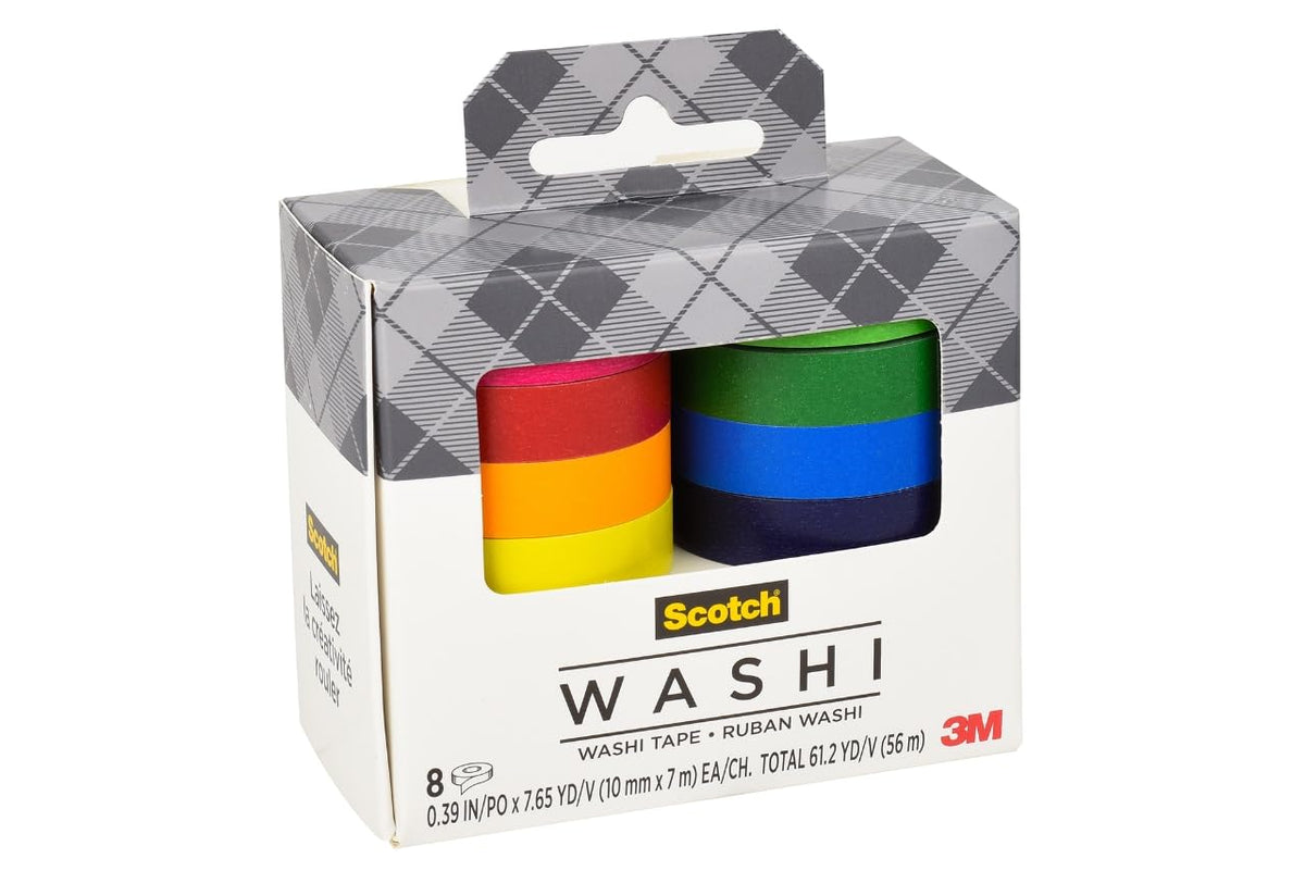 Scotch Washi Tape, Solid Color Rainbow Design, 8 Rolls