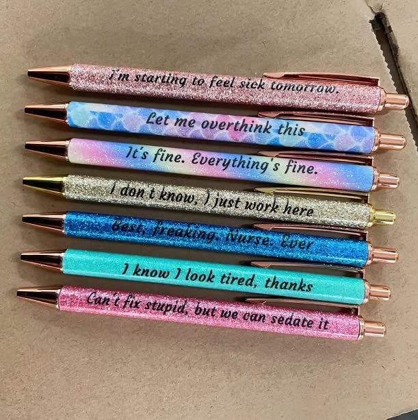 Jxueych 7 Piece Shiny Metal Ballpoint Pens Set - Funny Sarcastic Quotes for Nurses, Office & Gifts