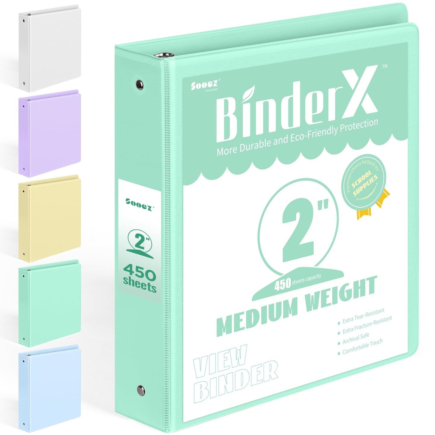 BinderX 3 Ring Binder 2 Inch, 2" Clear View Binder, Light Green, Letter /A4
