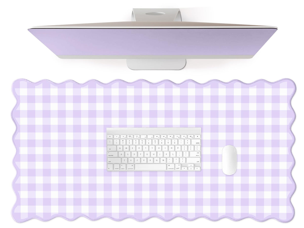 Light Purple Scalloped‌ Checkered Gingham Desk Mat Cute Pastel Large Mouse Pad Kawaii Cottagecore