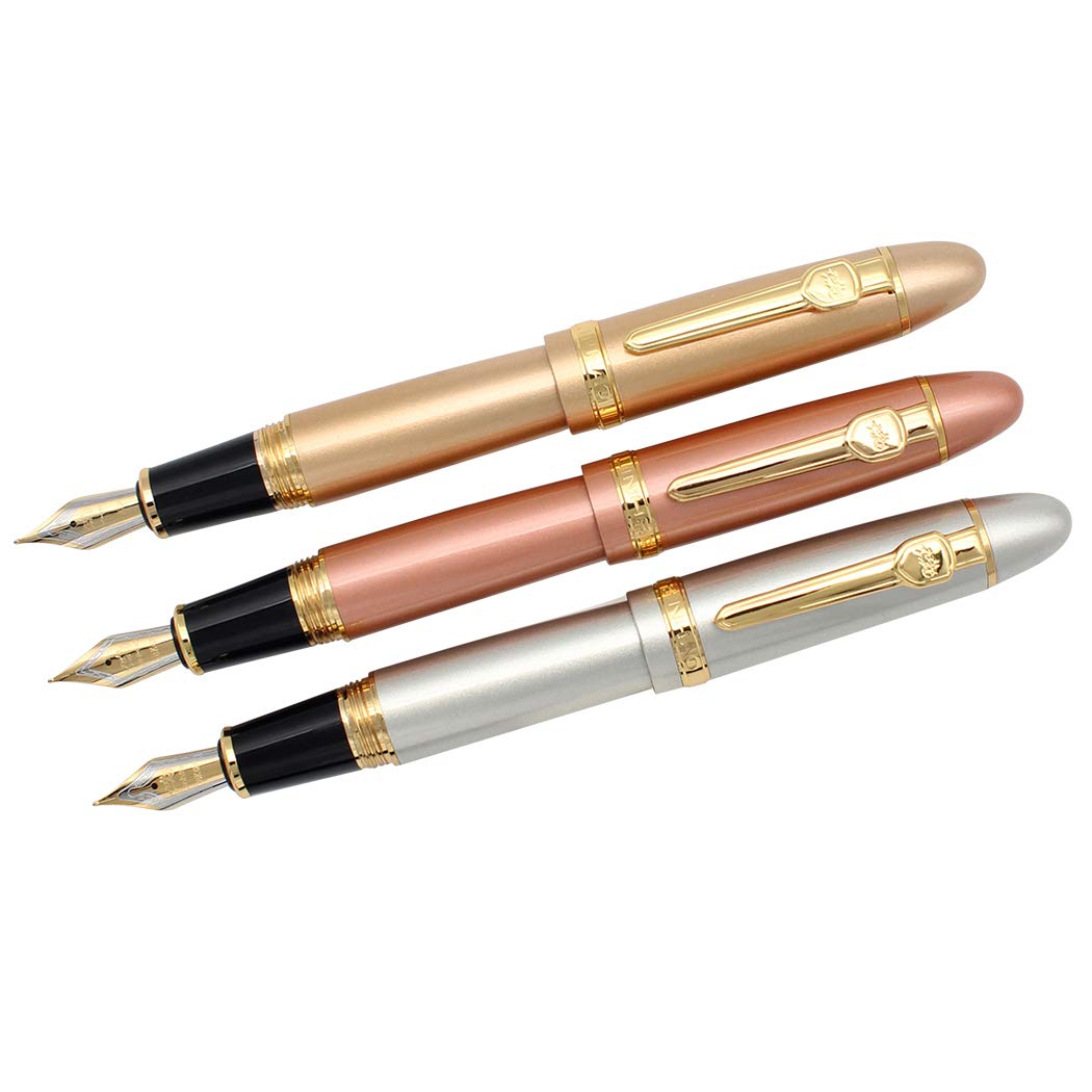 zoohot 3 PCS Jinhao 159 Fountain Pens Medium Golden Trim Big Heavy Pen & Refill Ink Converter