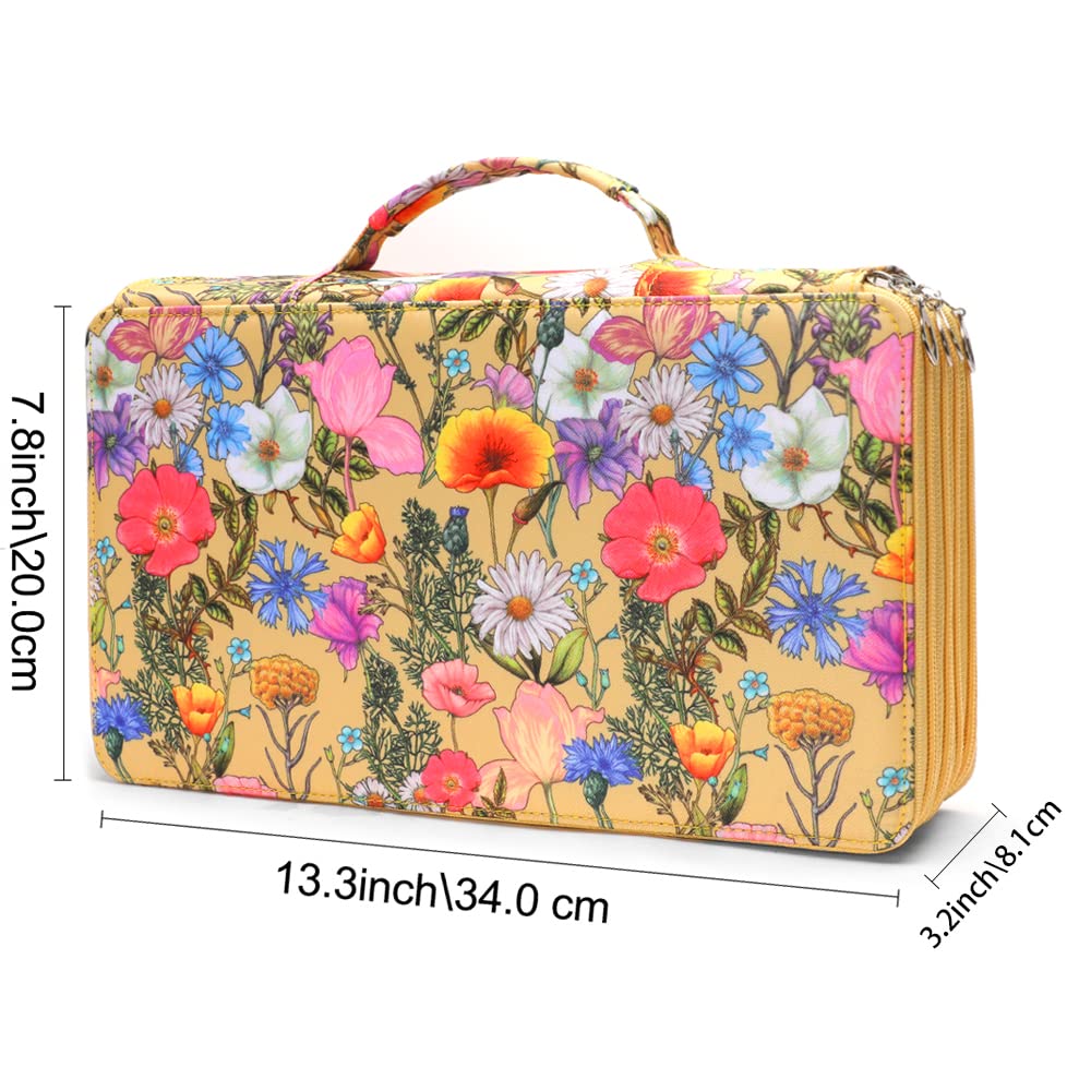 Vomgomfom 300 Slots Marker Case 4-Layer PU Leather, Handle, Yellow Flower