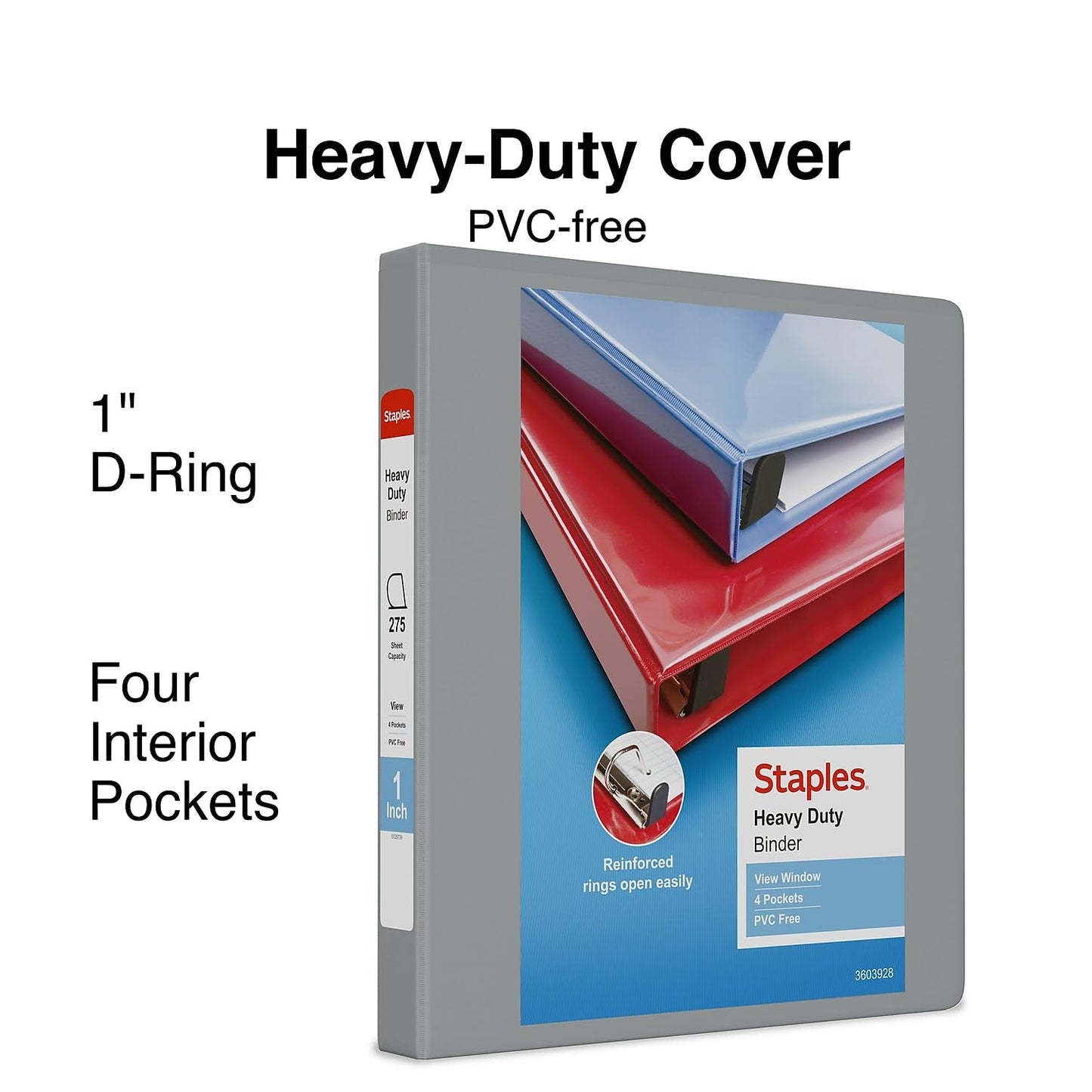 Staples Heavy‑Duty 1‑Inch 3‑Ring View Binder with D‑Rings, 4 Interior Pockets for Office & School