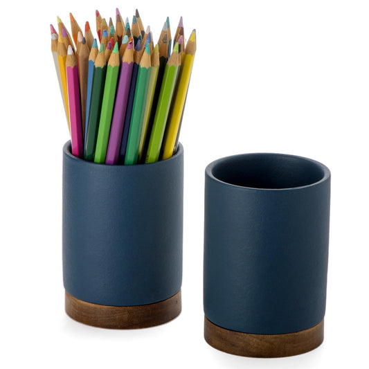 Officepal Ceramic Pen Holder for Desk, Pencil Cup, (Royal Blue, Set / 2)