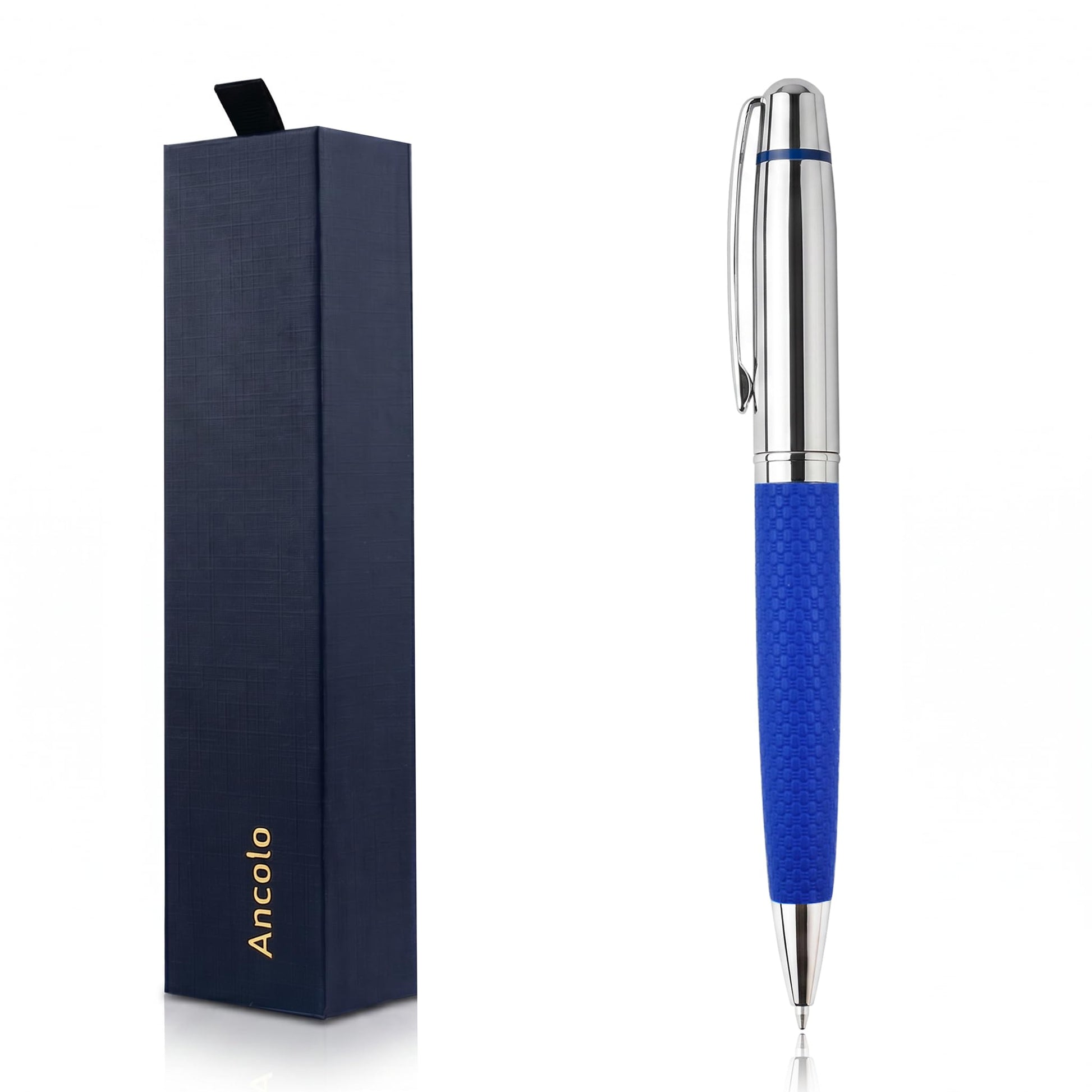 Ancolo Personalized Silver Chrome Ballpoint Pen- Luxury Pen with PU Leather